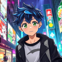 An anime boy with short, spiky hair styled casually, featuring vibrant blue highlights