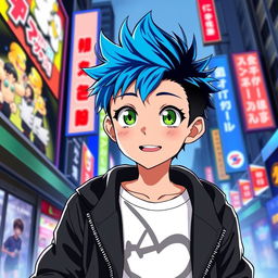 An anime boy with short, spiky hair styled casually, featuring vibrant blue highlights