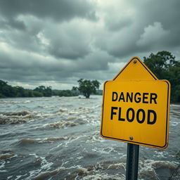 A dramatic scene of a river experiencing a flood, with water overflowing its banks and rushing currents