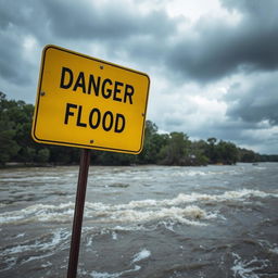 A dramatic scene of a river experiencing a flood, with water overflowing its banks and rushing currents