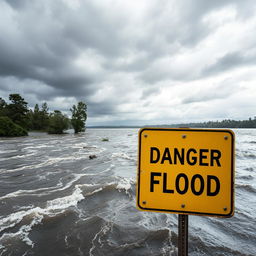A dramatic scene of a river experiencing a flood, with water overflowing its banks and rushing currents