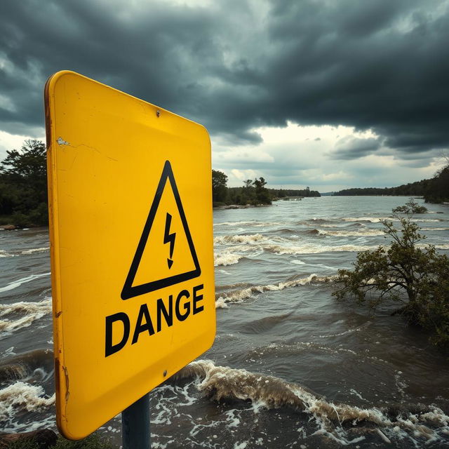 A dramatic scene of a river experiencing a flood, with water overflowing its banks and rushing currents