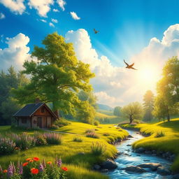A serene and tranquil landscape featuring a small, quaint cottage nestled among lush greenery with a vibrant garden filled with colorful flowers, a gentle stream flowing nearby, and tall trees providing shade