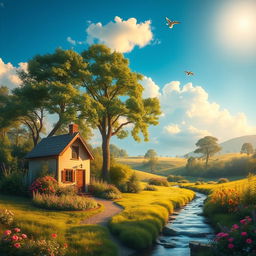 A serene and tranquil landscape featuring a small, quaint cottage nestled among lush greenery with a vibrant garden filled with colorful flowers, a gentle stream flowing nearby, and tall trees providing shade