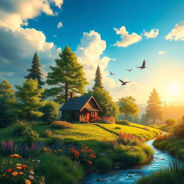 A serene and tranquil landscape featuring a small, quaint cottage nestled among lush greenery with a vibrant garden filled with colorful flowers, a gentle stream flowing nearby, and tall trees providing shade