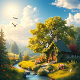 A serene and tranquil landscape featuring a small, quaint cottage nestled among lush greenery with a vibrant garden filled with colorful flowers, a gentle stream flowing nearby, and tall trees providing shade