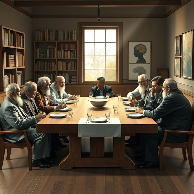 A reinterpretation of the Last Supper featuring prominent psychology figures instead of the original apostles