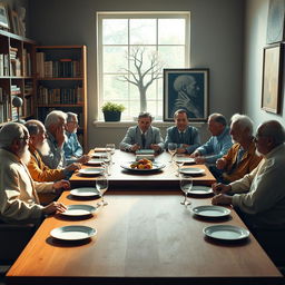 A reinterpretation of the Last Supper featuring prominent psychology figures instead of the original apostles