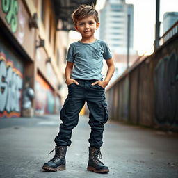 A youthful boy wearing stylish black cargo pants and rugged boots, standing confidently in an urban setting