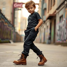 A youthful boy wearing stylish black cargo pants and rugged boots, standing confidently in an urban setting