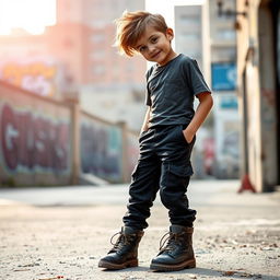 A youthful boy wearing stylish black cargo pants and rugged boots, standing confidently in an urban setting