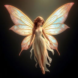 An enchanting adult fairy with rich brown hair styled elegantly, positioned at a slight angle, approximately 10 degrees to the left