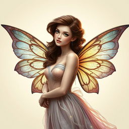 An enchanting adult fairy with rich brown hair styled elegantly, positioned at a slight angle, approximately 10 degrees to the left