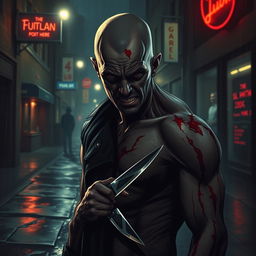 A dark, brooding portrayal of Victor Zsasz, the infamous comic book character known for his scarred body and psychotic demeanor