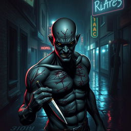 A dark, brooding portrayal of Victor Zsasz, the infamous comic book character known for his scarred body and psychotic demeanor