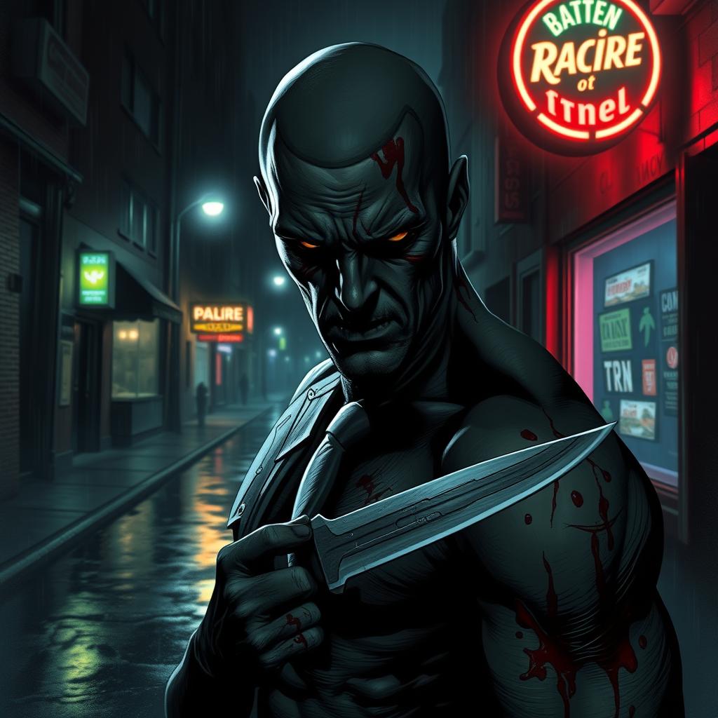 A dark, brooding portrayal of Victor Zsasz, the infamous comic book character known for his scarred body and psychotic demeanor