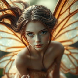 An enchanting adult fairy with flowing brown hair, captured in a close-up shot, bringing her mesmerizing features into focus