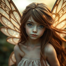 An enchanting adult fairy with flowing brown hair, captured in a close-up shot, bringing her mesmerizing features into focus