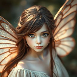 An enchanting adult fairy with flowing brown hair, captured in a close-up shot, bringing her mesmerizing features into focus
