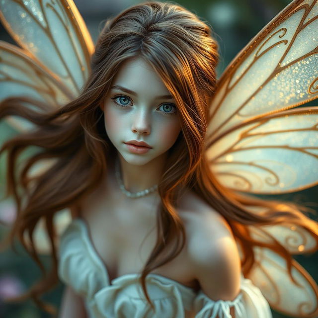 An enchanting adult fairy with flowing brown hair, captured in a close-up shot, bringing her mesmerizing features into focus