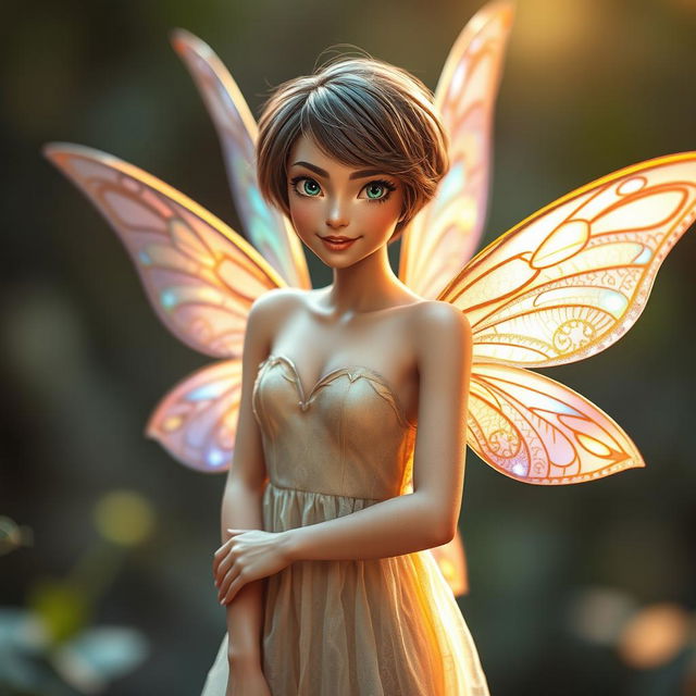 A captivating adult fairy with stylish short hair, confidently looking directly at the camera