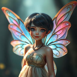 A captivating adult fairy with stylish short hair, confidently looking directly at the camera