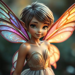 A captivating adult fairy with stylish short hair, confidently looking directly at the camera