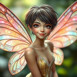 A captivating adult fairy with stylish short hair, confidently looking directly at the camera