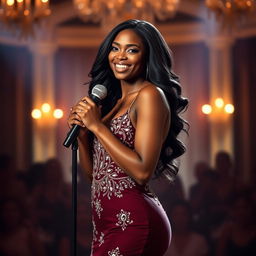 An elegant 28-year-old dark-skinned singer with a captivating presence