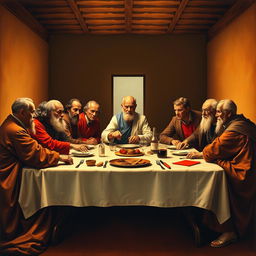 A reinterpretation of the famous "Last Supper" scene featuring prominent psychologists and psychotherapists as figures instead of the traditional biblical characters