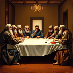 A reinterpretation of the famous "Last Supper" scene featuring prominent psychologists and psychotherapists as figures instead of the traditional biblical characters