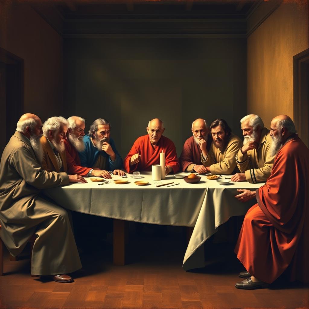 A reinterpretation of the famous "Last Supper" scene featuring prominent psychologists and psychotherapists as figures instead of the traditional biblical characters