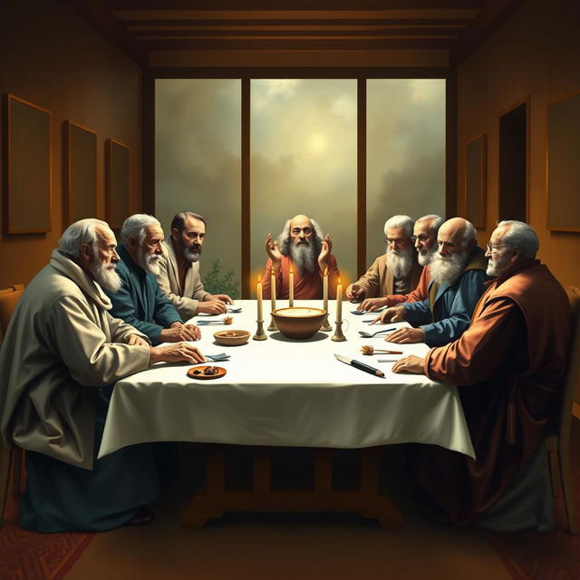 A reinterpretation of the famous "Last Supper" scene featuring prominent psychologists and psychotherapists as figures instead of the traditional biblical characters