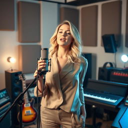 An elegant 28-year-old light-skinned singer in a modern recording studio