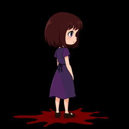 A stylized cartoon image of a 10-year-old girl with shoulder-length deep maroon hair wearing a purple dress, standing with her back turned, looking over her shoulder