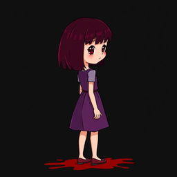 A stylized cartoon image of a 10-year-old girl with shoulder-length deep maroon hair wearing a purple dress, standing with her back turned, looking over her shoulder