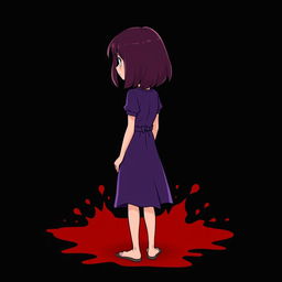 A stylized cartoon image of a 10-year-old girl with shoulder-length deep maroon hair wearing a purple dress, standing with her back turned, looking over her shoulder