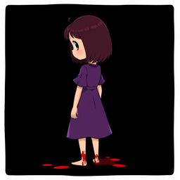 A stylized cartoon image of a 10-year-old girl with shoulder-length deep maroon hair wearing a purple dress, standing with her back turned, looking over her shoulder
