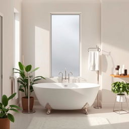 A pristine and modern bathroom interior featuring a white freestanding bathtub, complemented by elegant fixtures