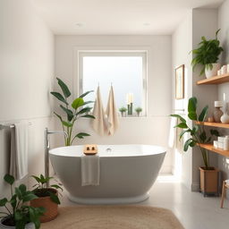 A pristine and modern bathroom interior featuring a white freestanding bathtub, complemented by elegant fixtures
