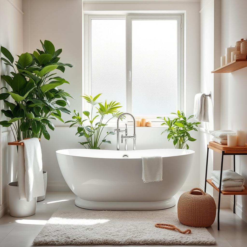 A pristine and modern bathroom interior featuring a white freestanding bathtub, complemented by elegant fixtures