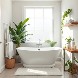 A pristine and modern bathroom interior featuring a white freestanding bathtub, complemented by elegant fixtures