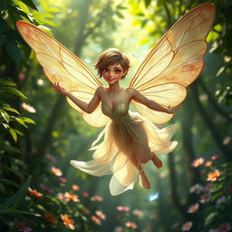 A stunning adult fairy with short hair, elegantly flying through a lush forest