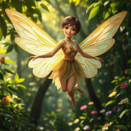 A stunning adult fairy with short hair, elegantly flying through a lush forest