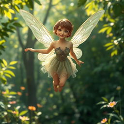 A stunning adult fairy with short hair, elegantly flying through a lush forest