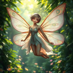 A stunning adult fairy with short hair, elegantly flying through a lush forest