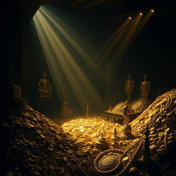 A dark room filled with piles of shimmering gold coins and golden artifacts