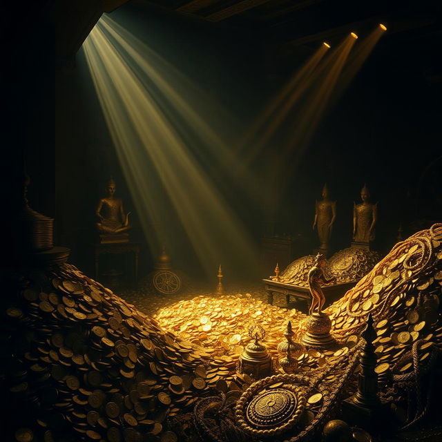 A dark room filled with piles of shimmering gold coins and golden artifacts