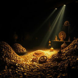 A dark room filled with piles of shimmering gold coins and golden artifacts