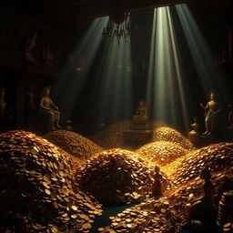 A dark room filled with piles of shimmering gold coins and golden artifacts